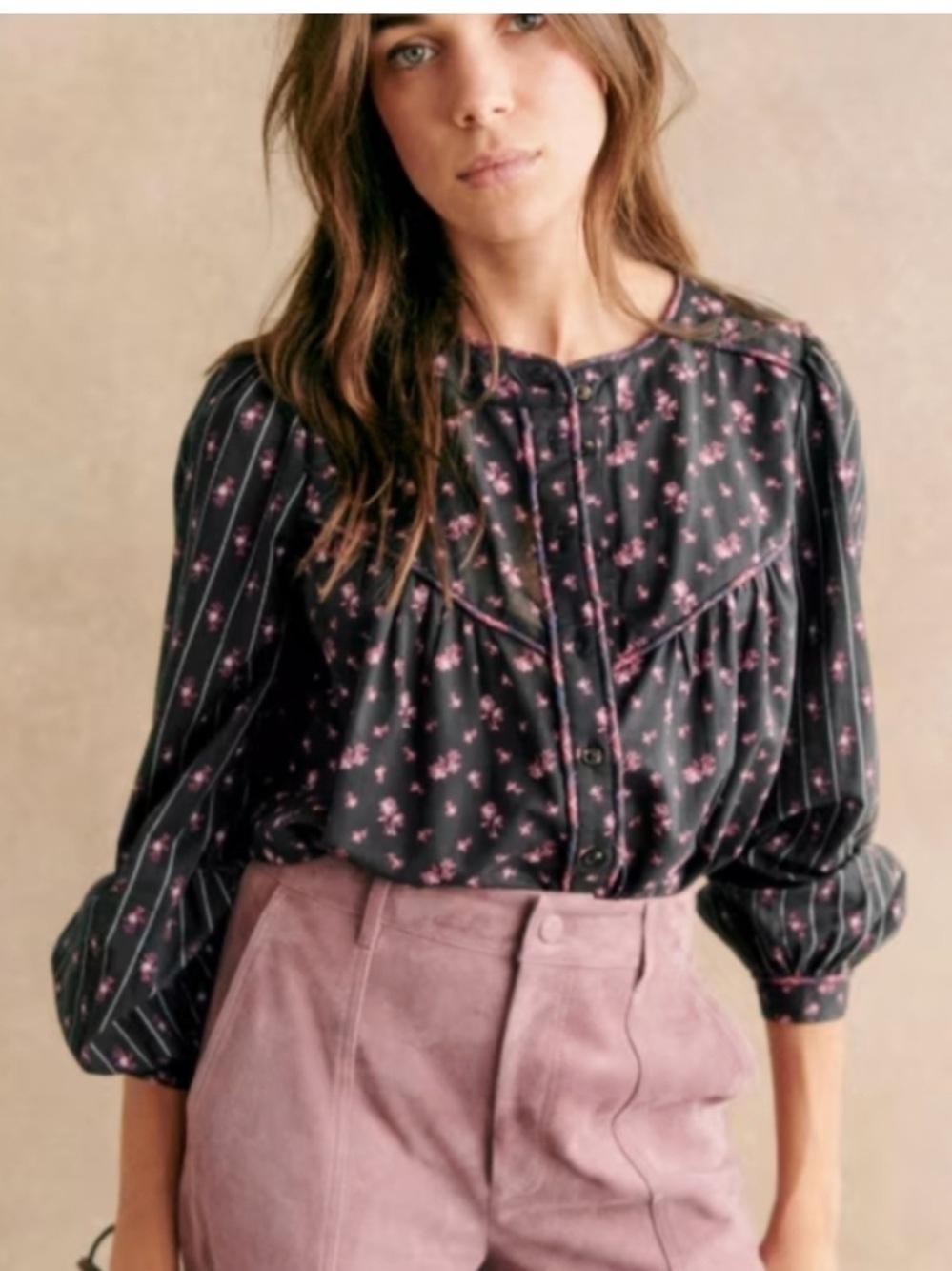 Sezane Milou maxi floral patchwork 42 10 Black pink Floral Button-Front Blouse